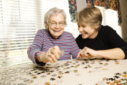 A Female Medical Staff playing puzzle game with her elder female patient